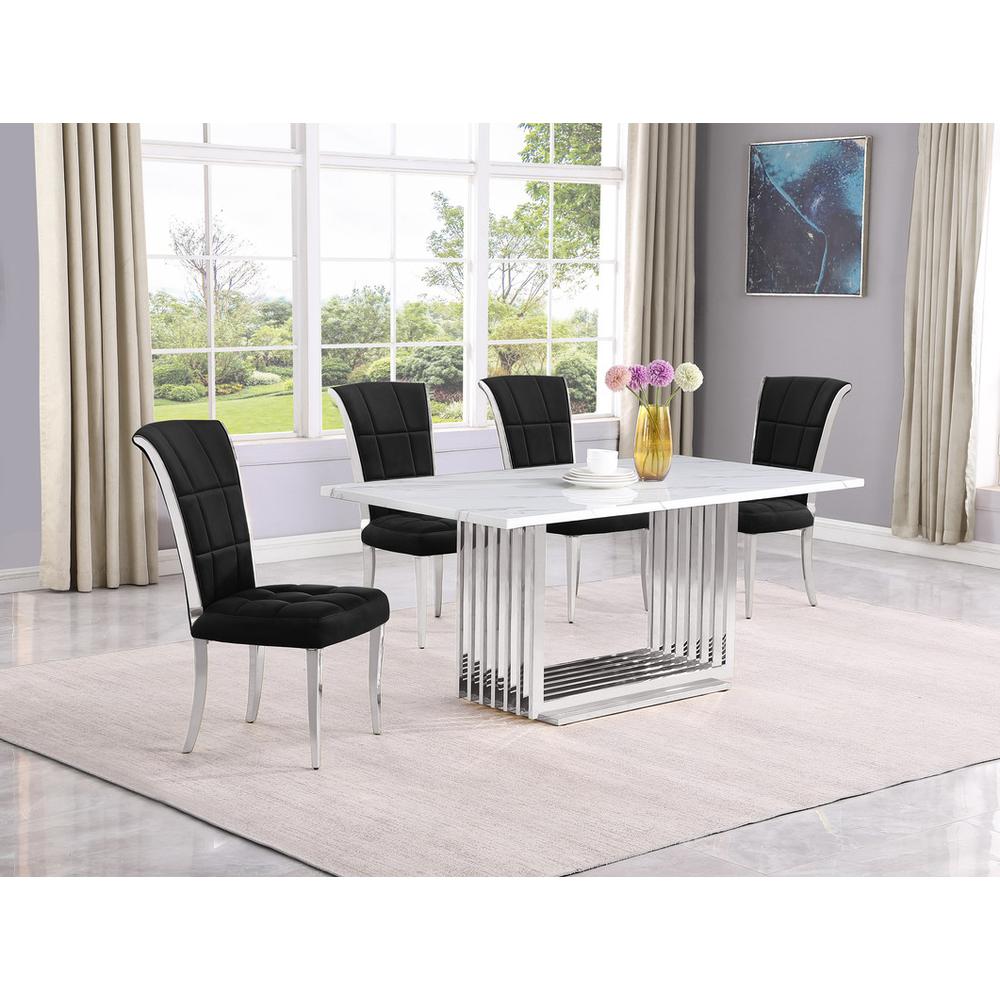 5pc Small(68″) marble top dining set with silver base and 4 Black side chairs