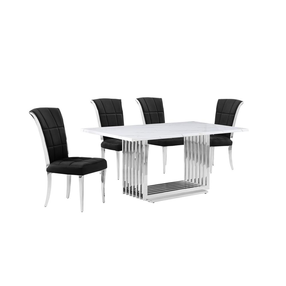 5pc Small(68″) marble top dining set with silver base and 4 Black side chairs