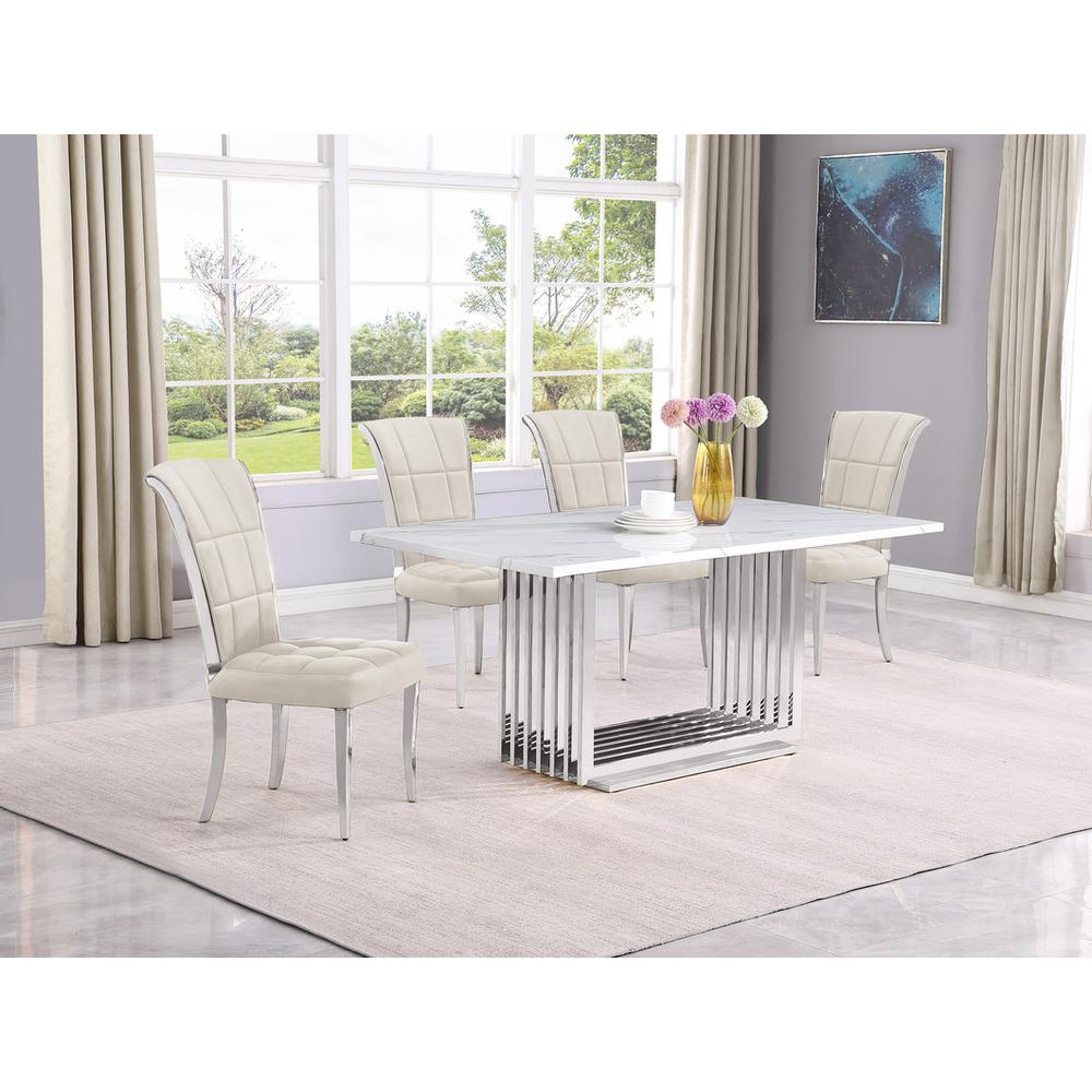 5pc Small(68″) marble top dining set with silver base and 4 Cream side chairs