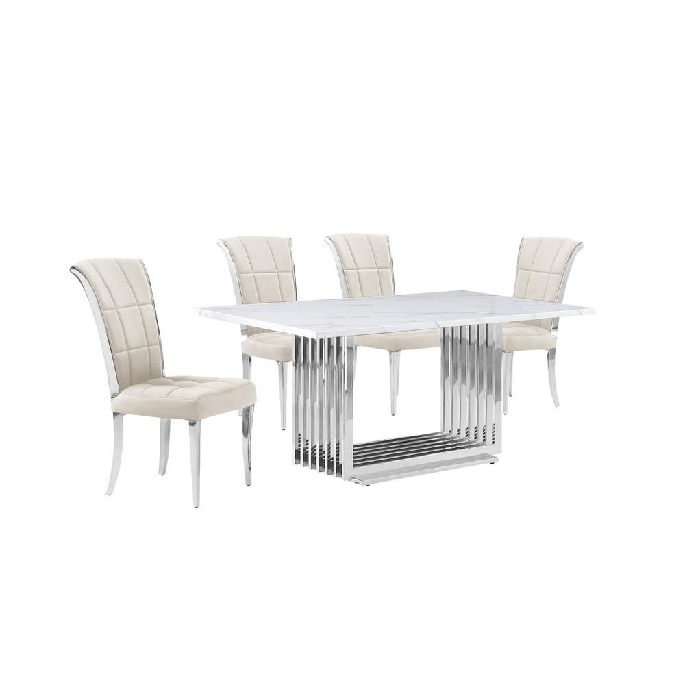 5pc Small(68″) marble top dining set with silver base and 4 Cream side chairs