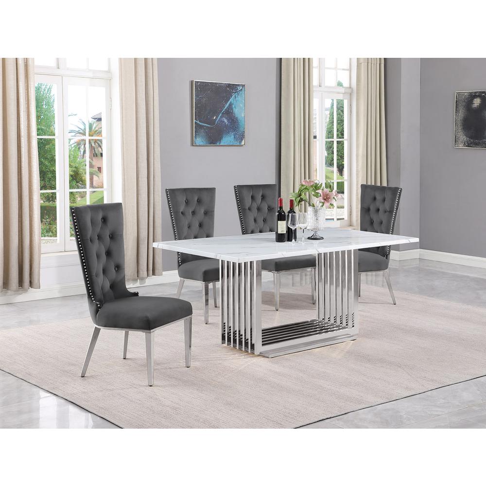 5pc Small(68″) marble top dining set with silver base and 4 Dark grey chairs