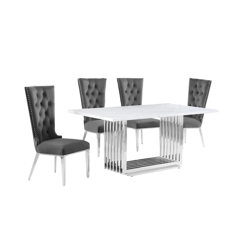 5pc Small(68″) marble top dining set with silver base and 4 Dark grey chairs