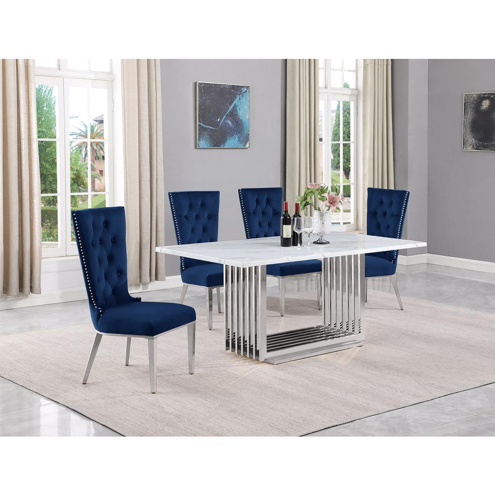 5pc Small(68″) marble top dining set with silver base and 4 Navy Blue chairs