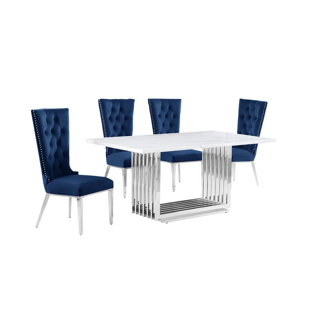 5pc Small(68″) marble top dining set with silver base and 4 Navy Blue chairs