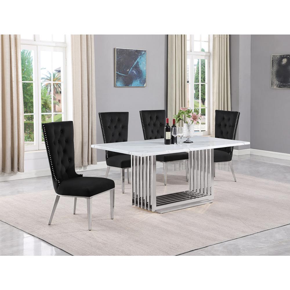 5pc Small(68″) marble top dining set with silver base and 4 Black side chairs