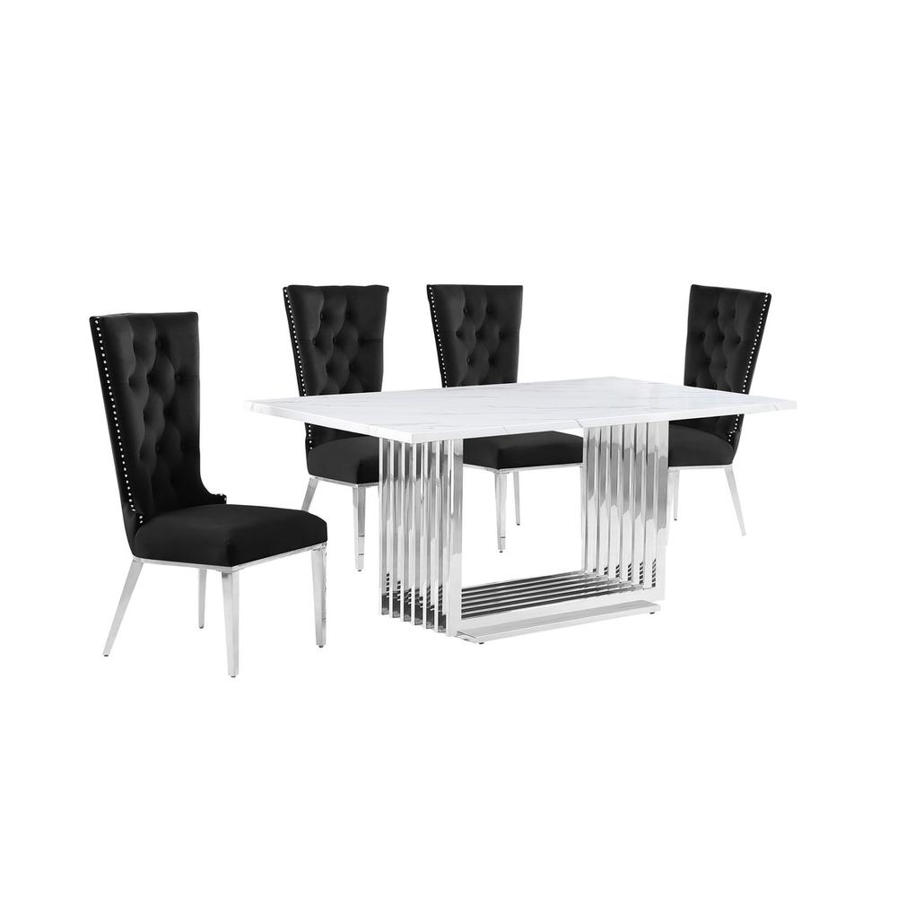 5pc Small(68″) marble top dining set with silver base and 4 Black side chairs