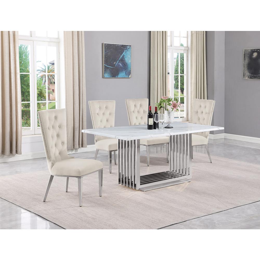 5pc Small(68″) marble top dining set with silver base and 4 Cream side chairs