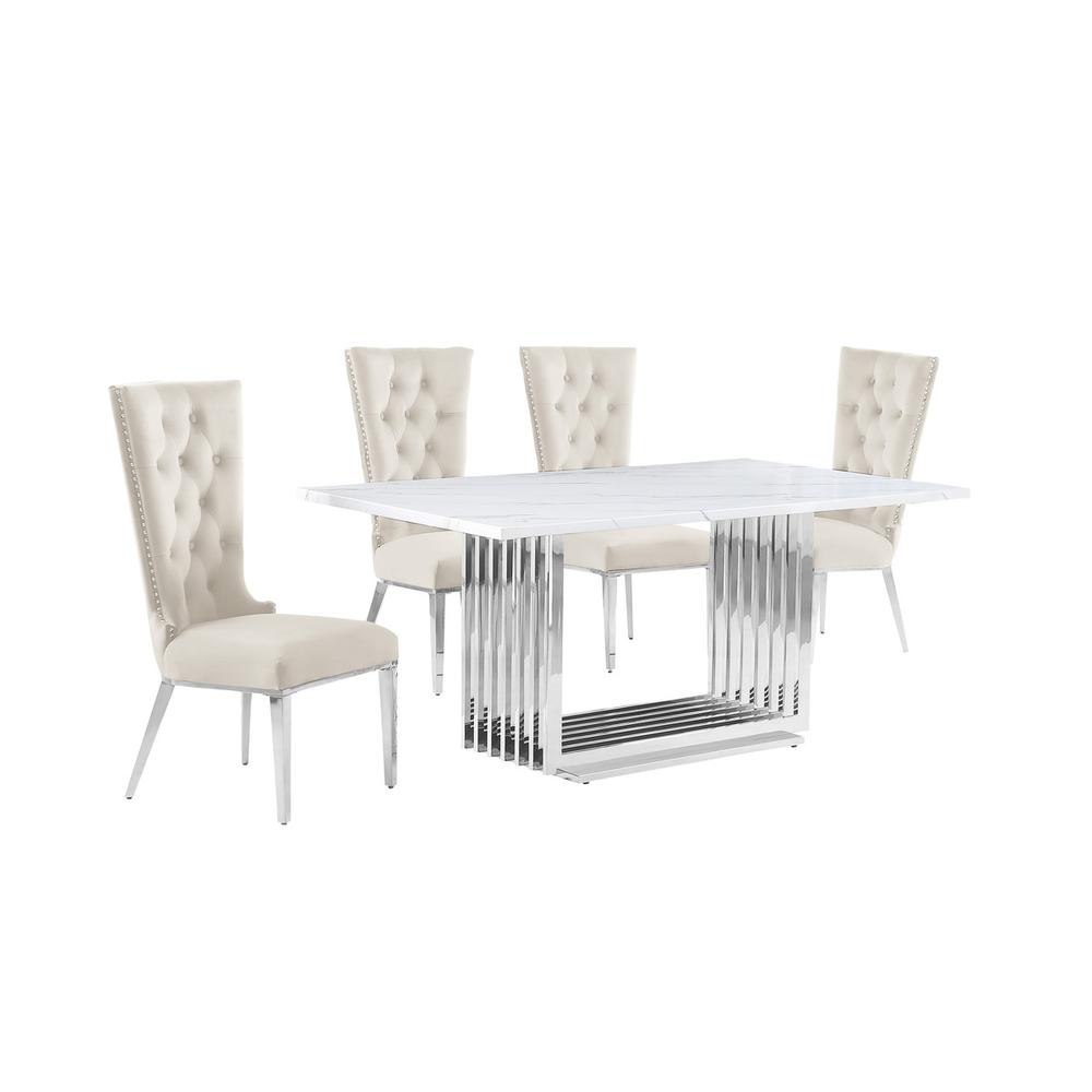 5pc Small(68″) marble top dining set with silver base and 4 Cream side chairs