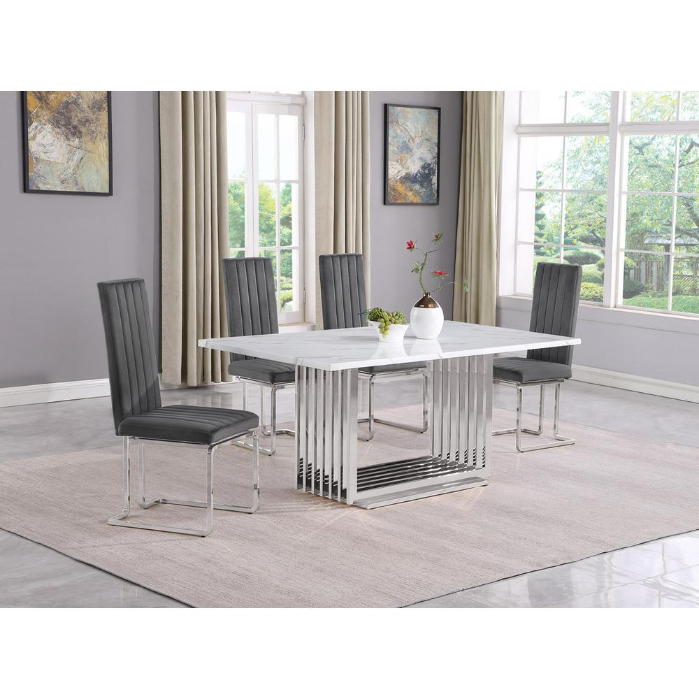 5pc Small(68″) marble top dining set with silver base and 4 Dark grey chairs