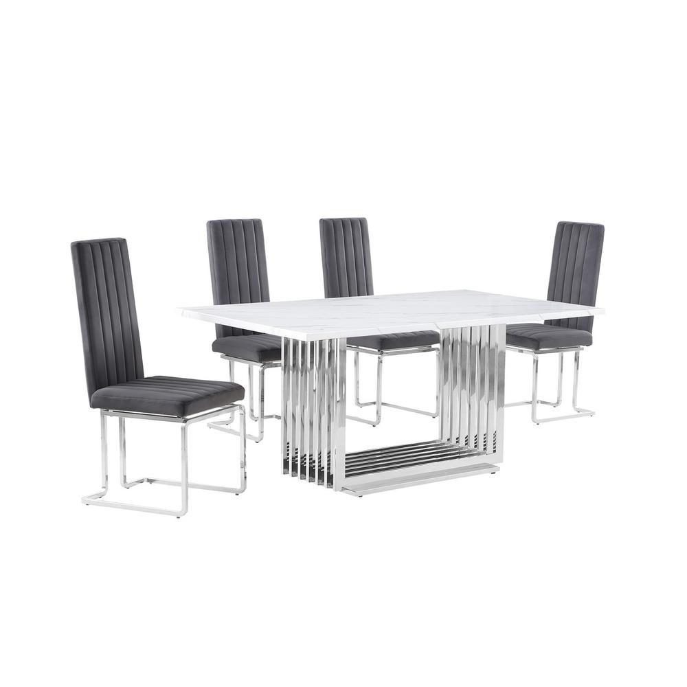 5pc Small(68″) marble top dining set with silver base and 4 Dark grey chairs