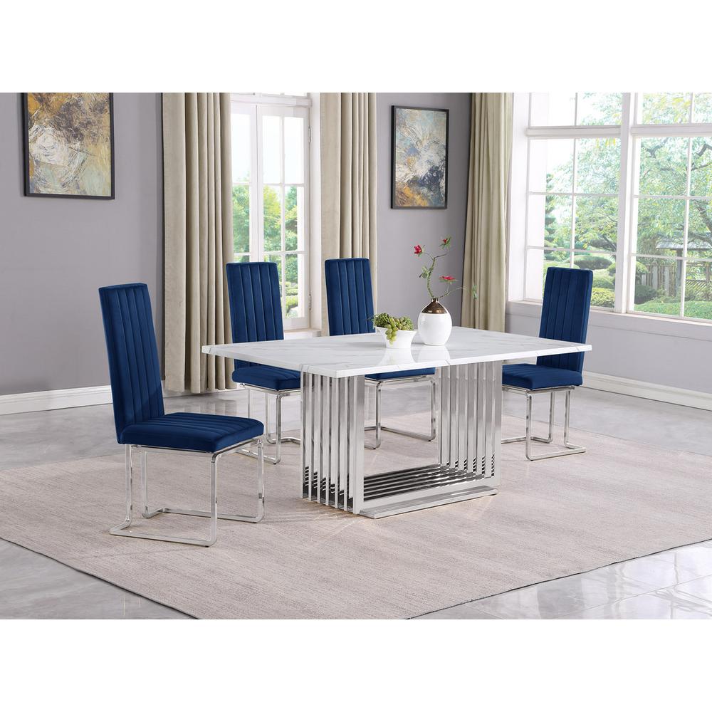 5pc Small(68″) marble top dining set with silver base and 4 Navy Blue chairs