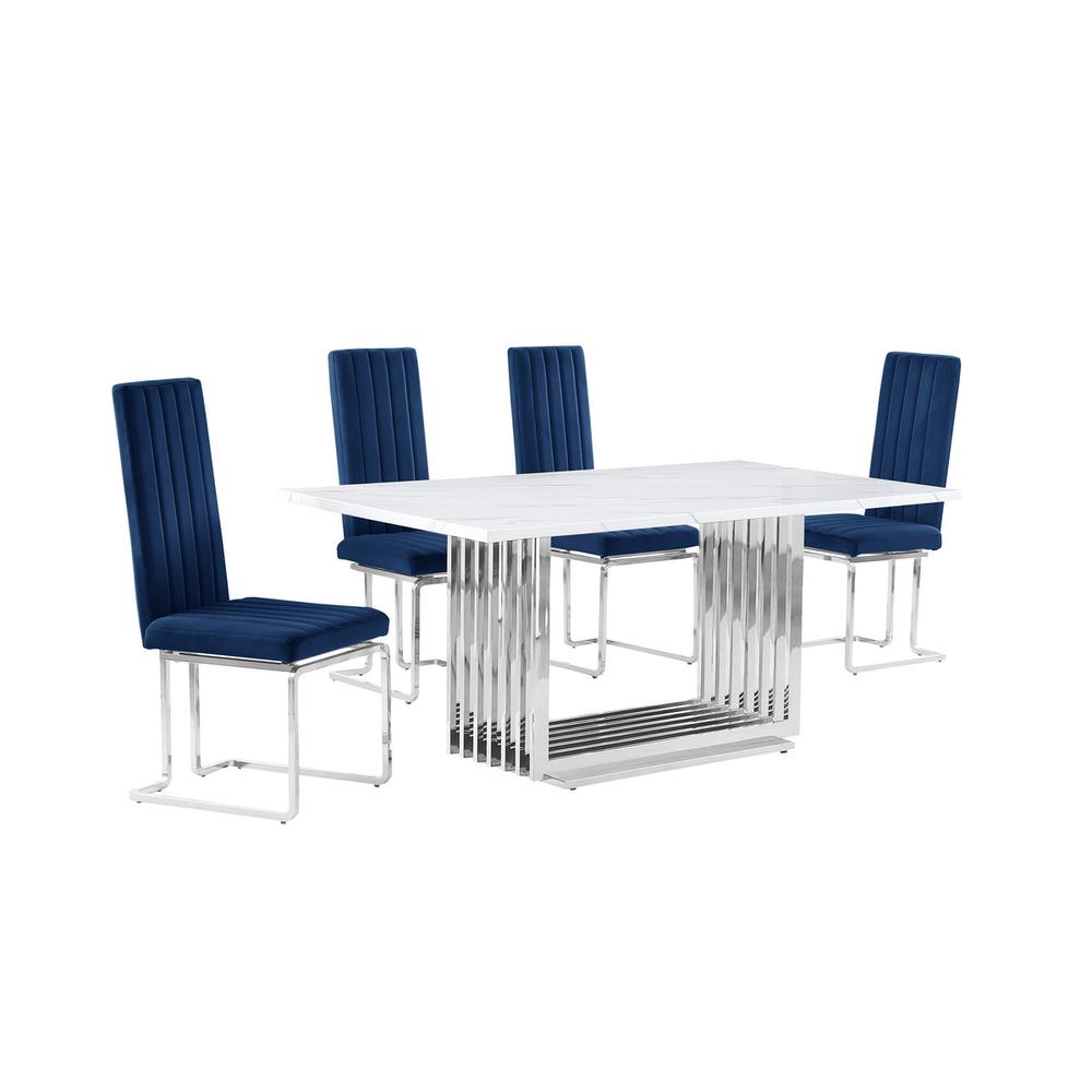 5pc Small(68″) marble top dining set with silver base and 4 Navy Blue chairs