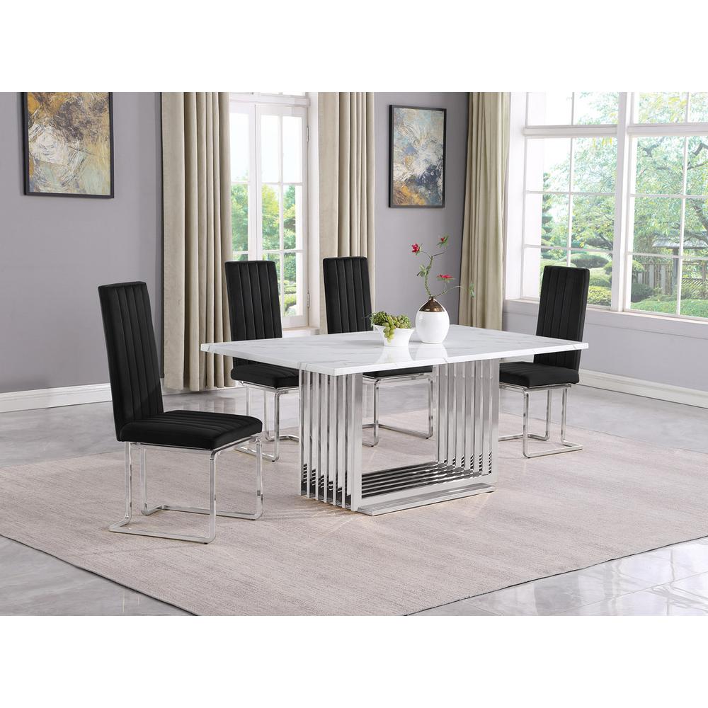 5pc Small(68″) marble top dining set with silver base and 4 Black side chairs
