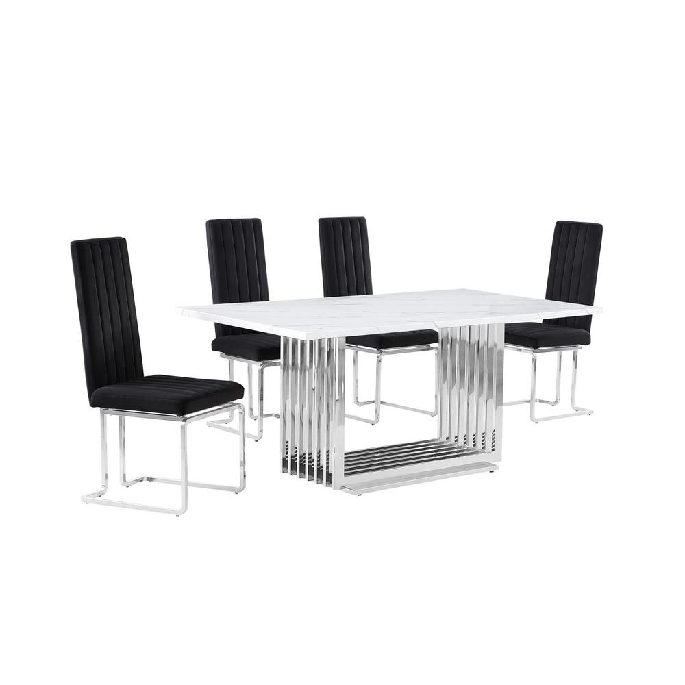 5pc Small(68″) marble top dining set with silver base and 4 Black side chairs