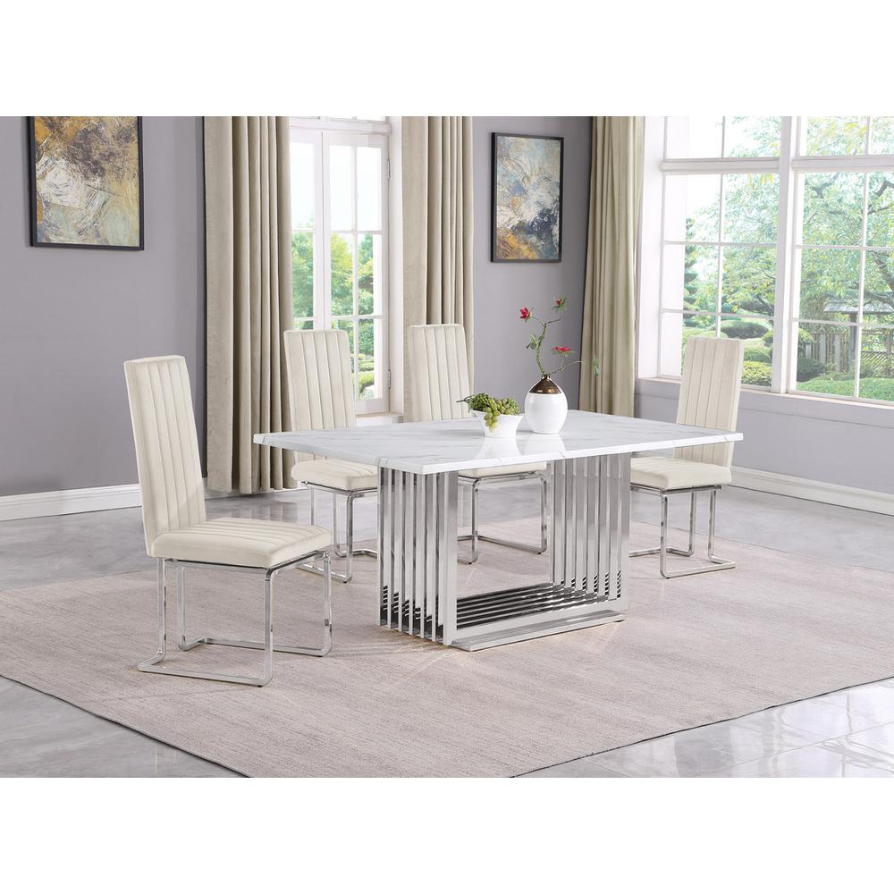5pc Small(68″) marble top dining set with silver base and 4 Cream side chairs