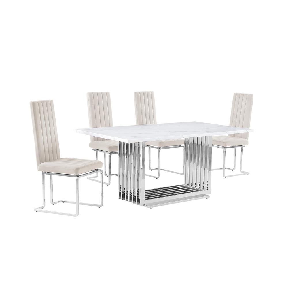 5pc Small(68″) marble top dining set with silver base and 4 Cream side chairs