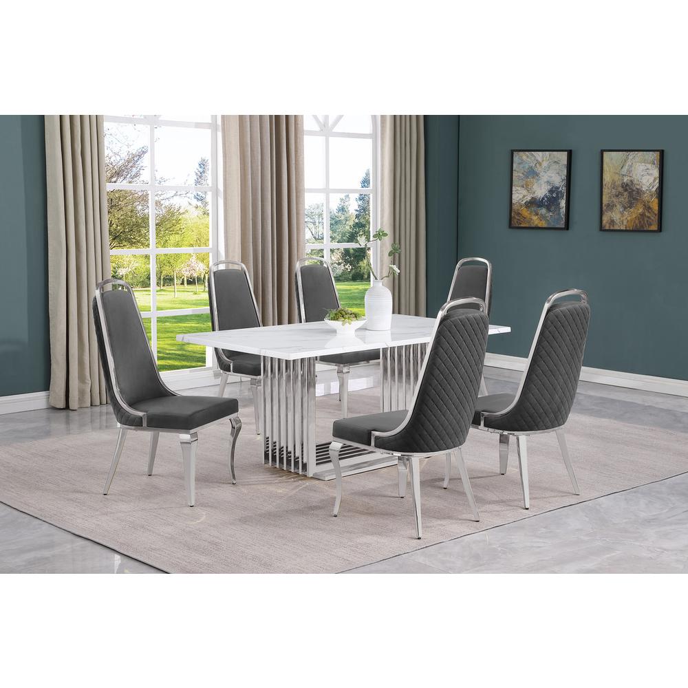 7pc Small(68″) marble top dining set with silver base and 6 Dark grey chairs