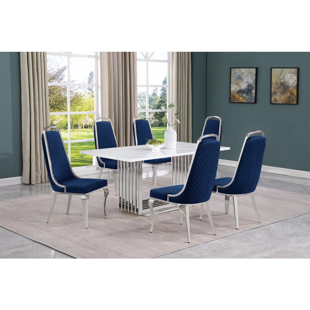 7pc Small(68″) marble top dining set with silver base and 6 Navy Blue chairs