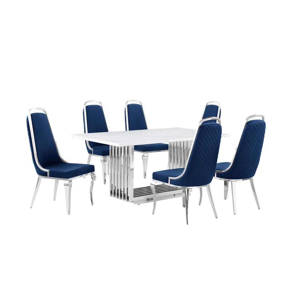 7pc Small(68″) marble top dining set with silver base and 6 Navy Blue chairs