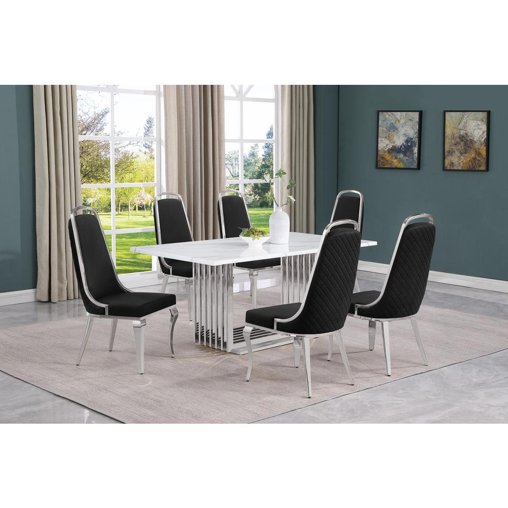 7pc Small(68″) marble top dining set with silver base and 6 Black side chairs