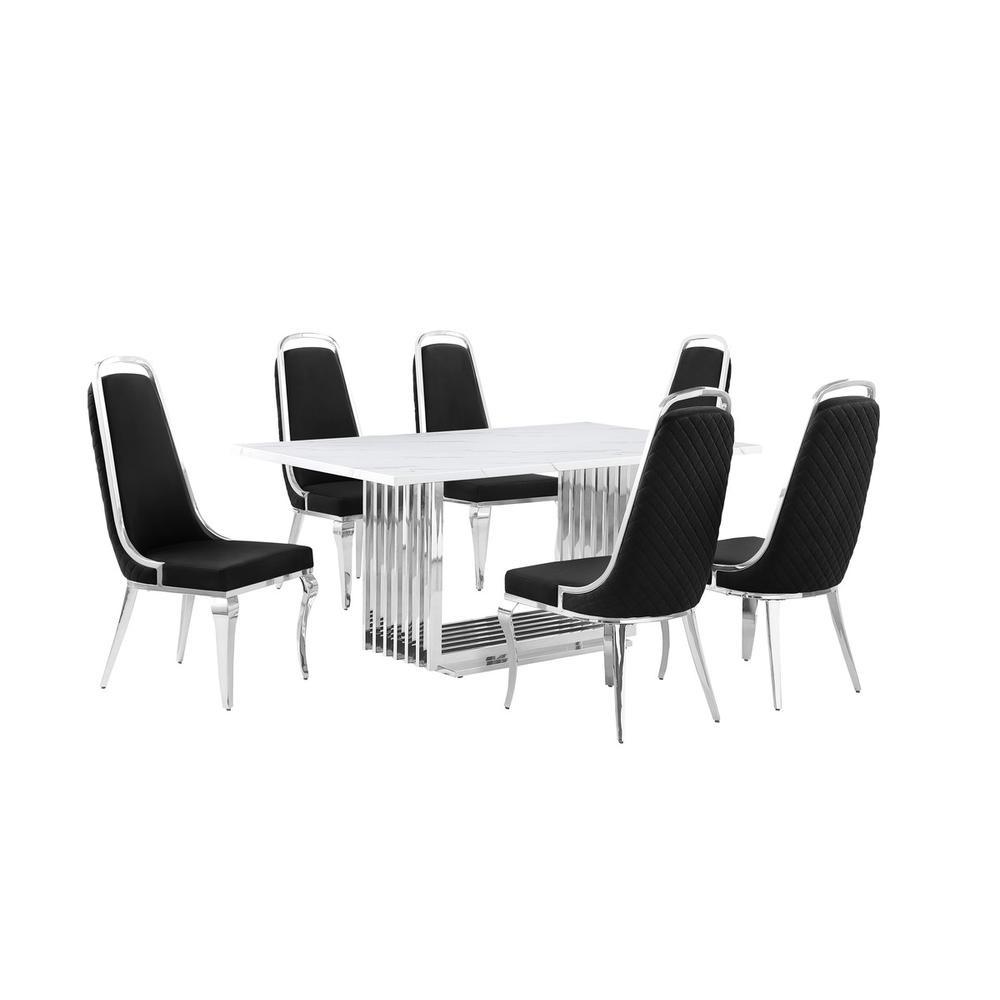 7pc Small(68″) marble top dining set with silver base and 6 Black side chairs