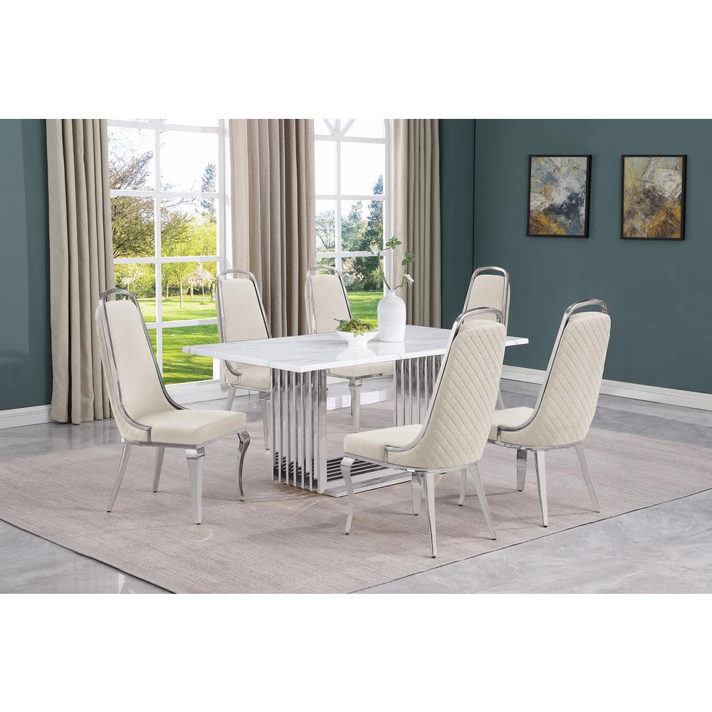 7pc Small(68″) marble top dining set with silver base and 6 Cream side chairs