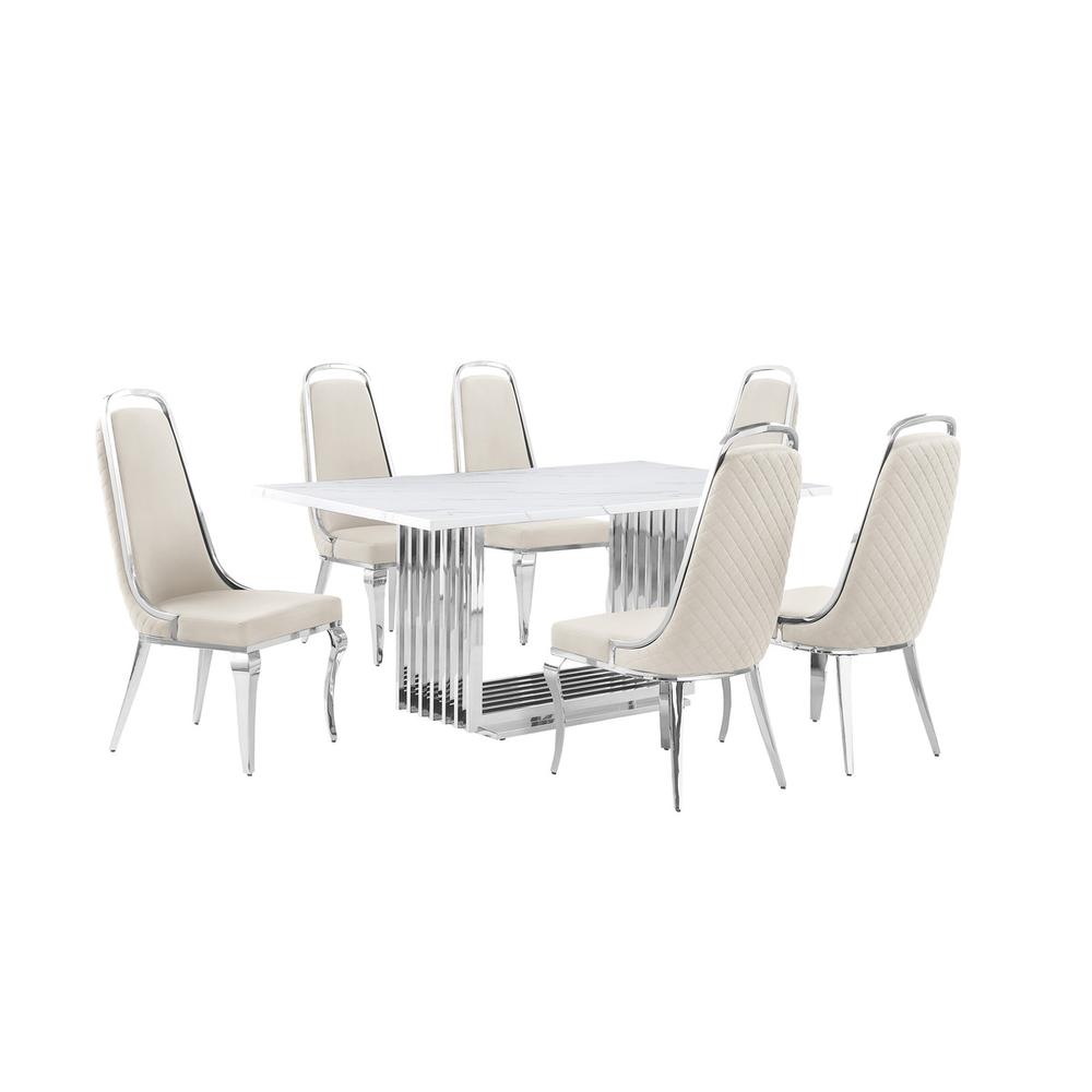 7pc Small(68″) marble top dining set with silver base and 6 Cream side chairs