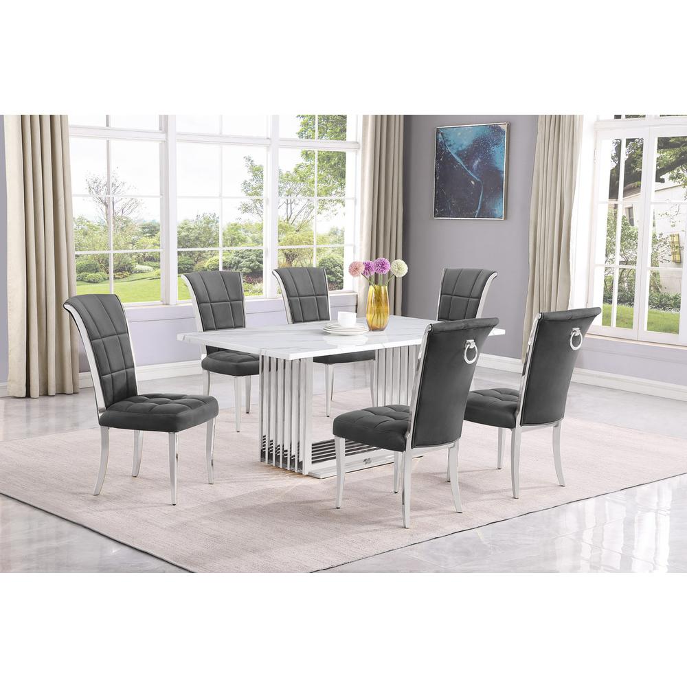 7pc Small(68″) marble top dining set with silver base and 6 Dark grey chairs