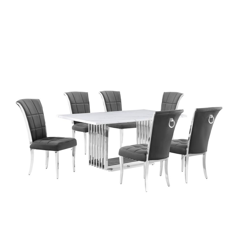 7pc Small(68″) marble top dining set with silver base and 6 Dark grey chairs