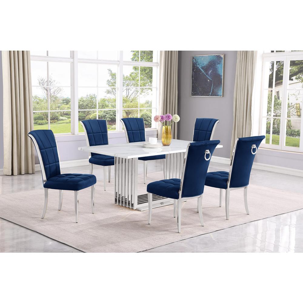 7pc Small(68″) marble top dining set with silver base and 6 Navy Blue chairs