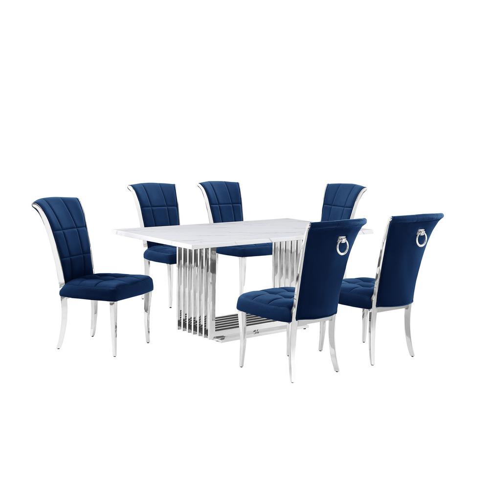 7pc Small(68″) marble top dining set with silver base and 6 Navy Blue chairs