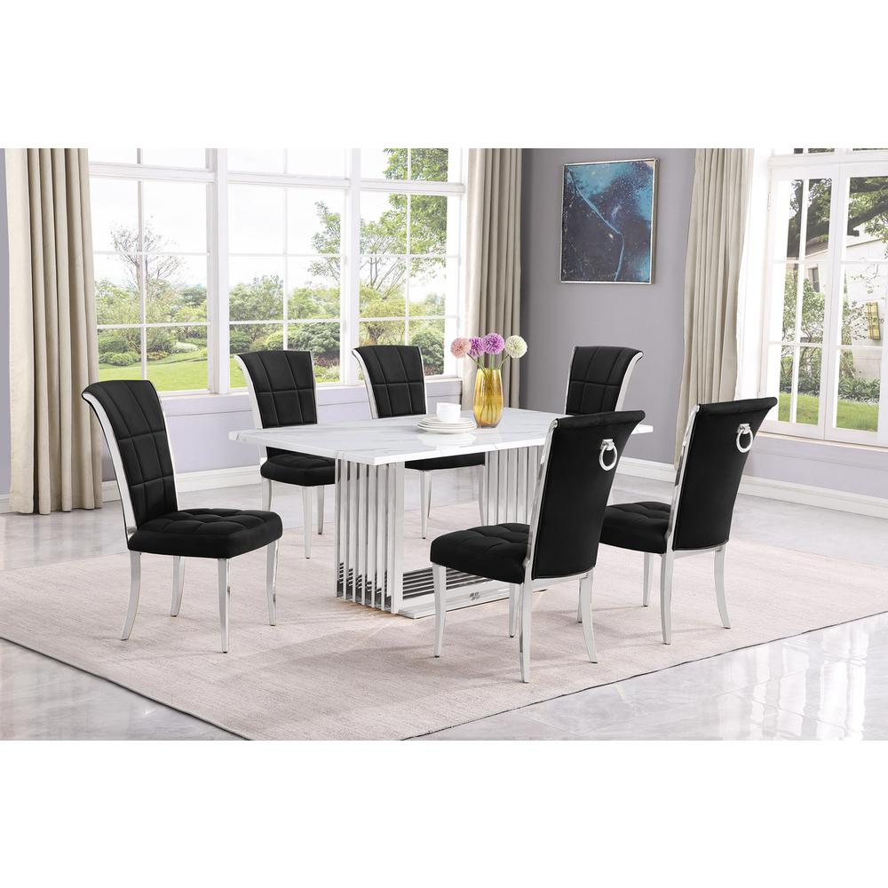 7pc Small(68″) marble top dining set with silver base and 6 Black side chairs