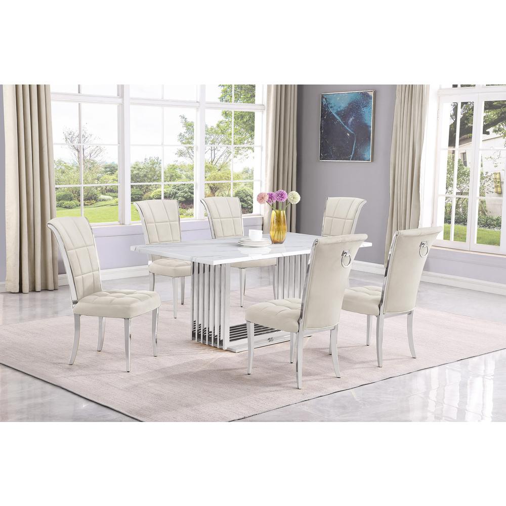 7pc Small(68″) marble top dining set with silver base and 6 Cream side chairs
