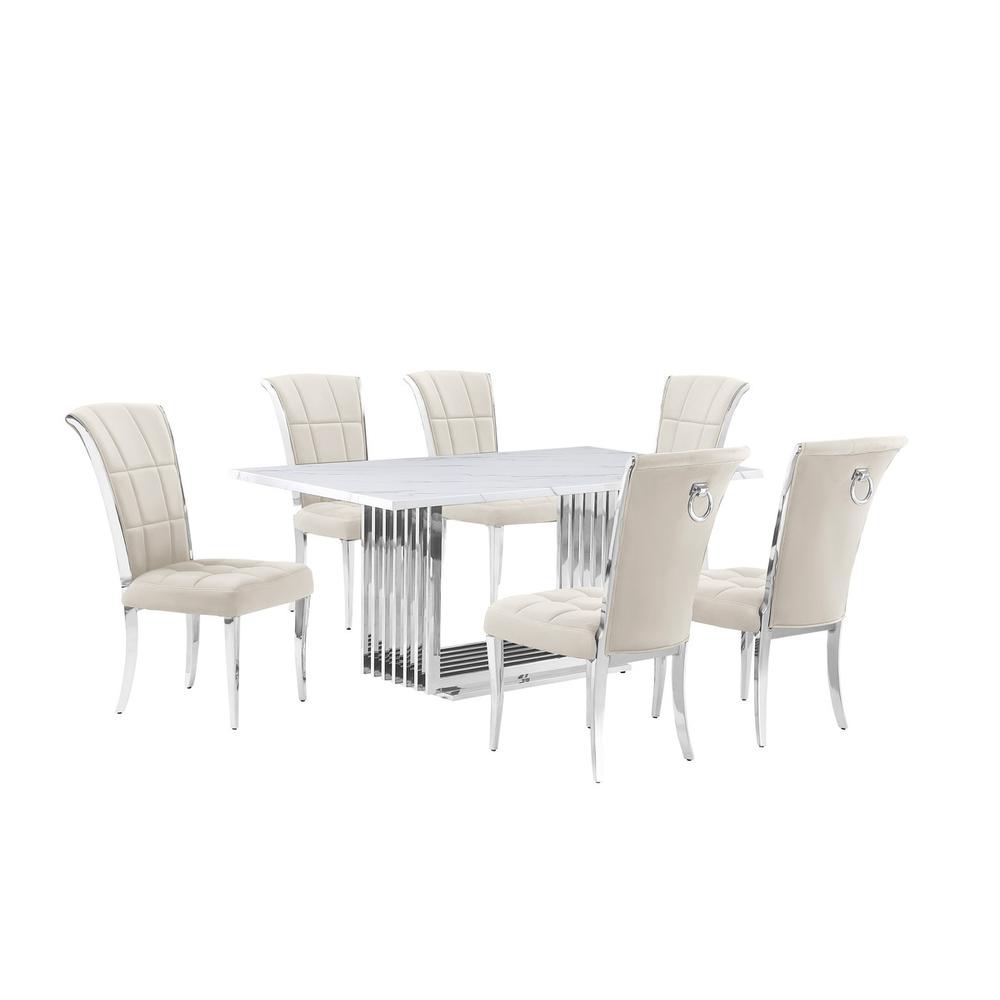 7pc Small(68″) marble top dining set with silver base and 6 Cream side chairs