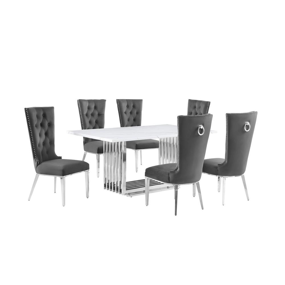 7pc Small(68″) marble top dining set with silver base and 6 Dark grey chairs
