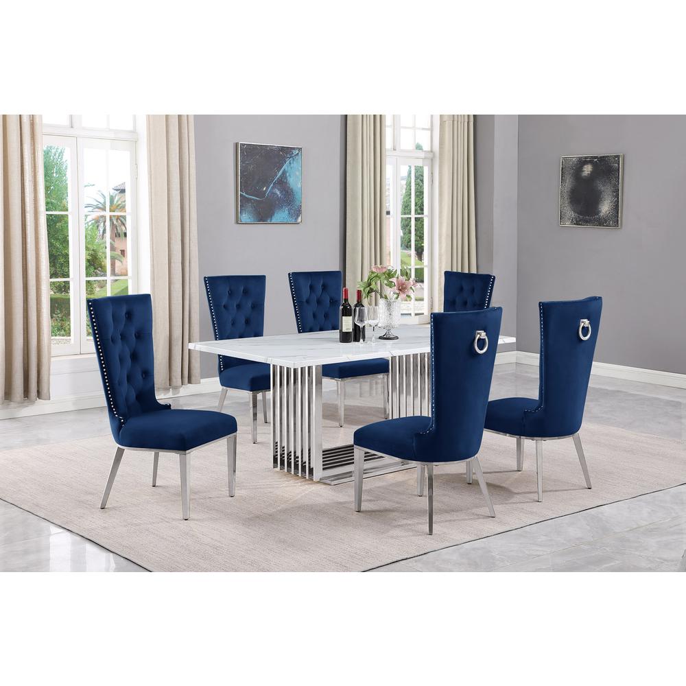 7pc Small(68″) marble top dining set with silver base and 6 Navy Blue chairs