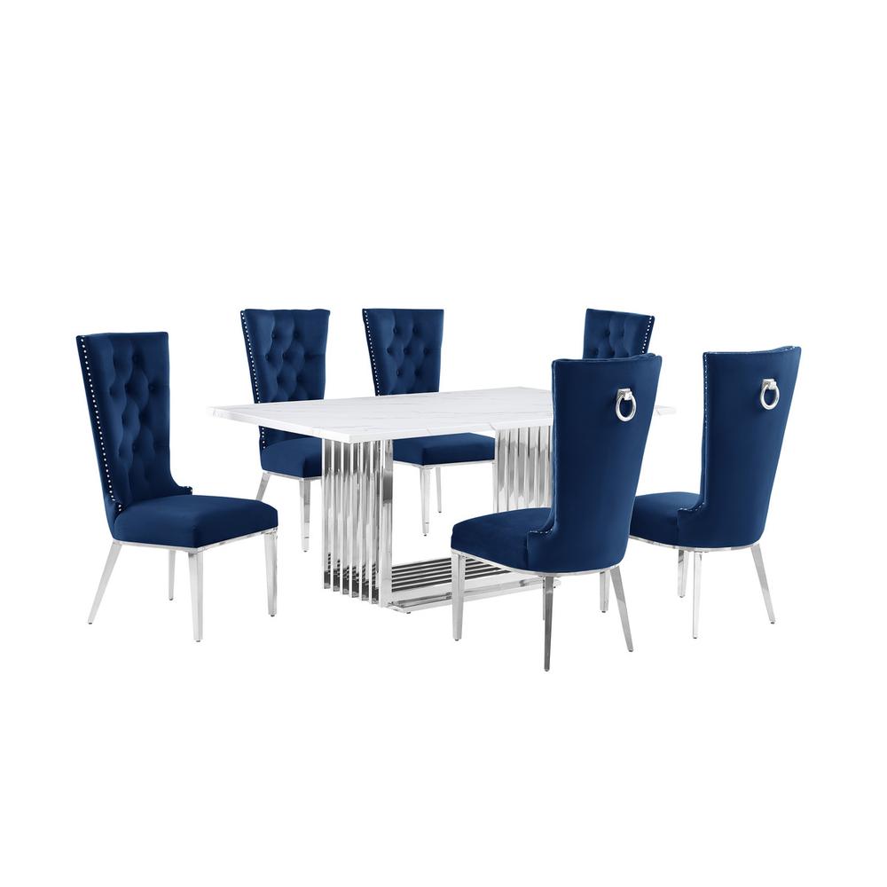 7pc Small(68″) marble top dining set with silver base and 6 Navy Blue chairs