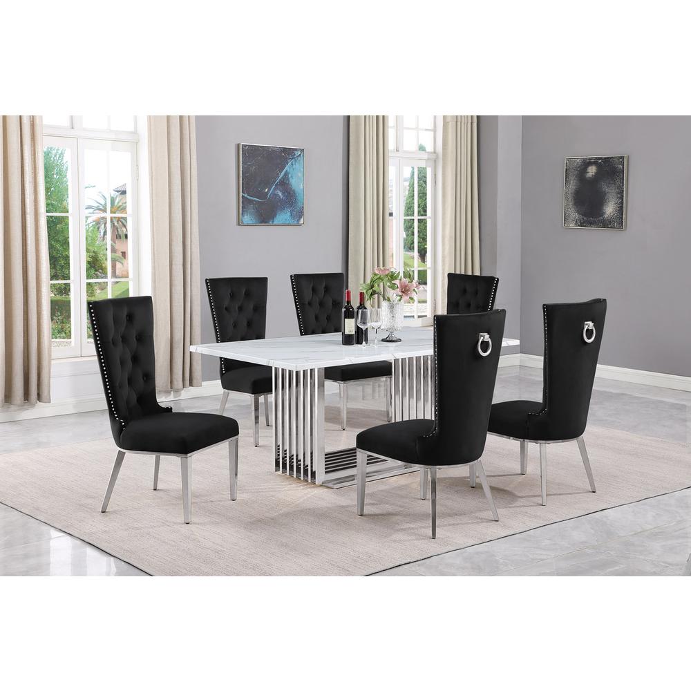 7pc Small(68″) marble top dining set with silver base and 6 Black side chairs