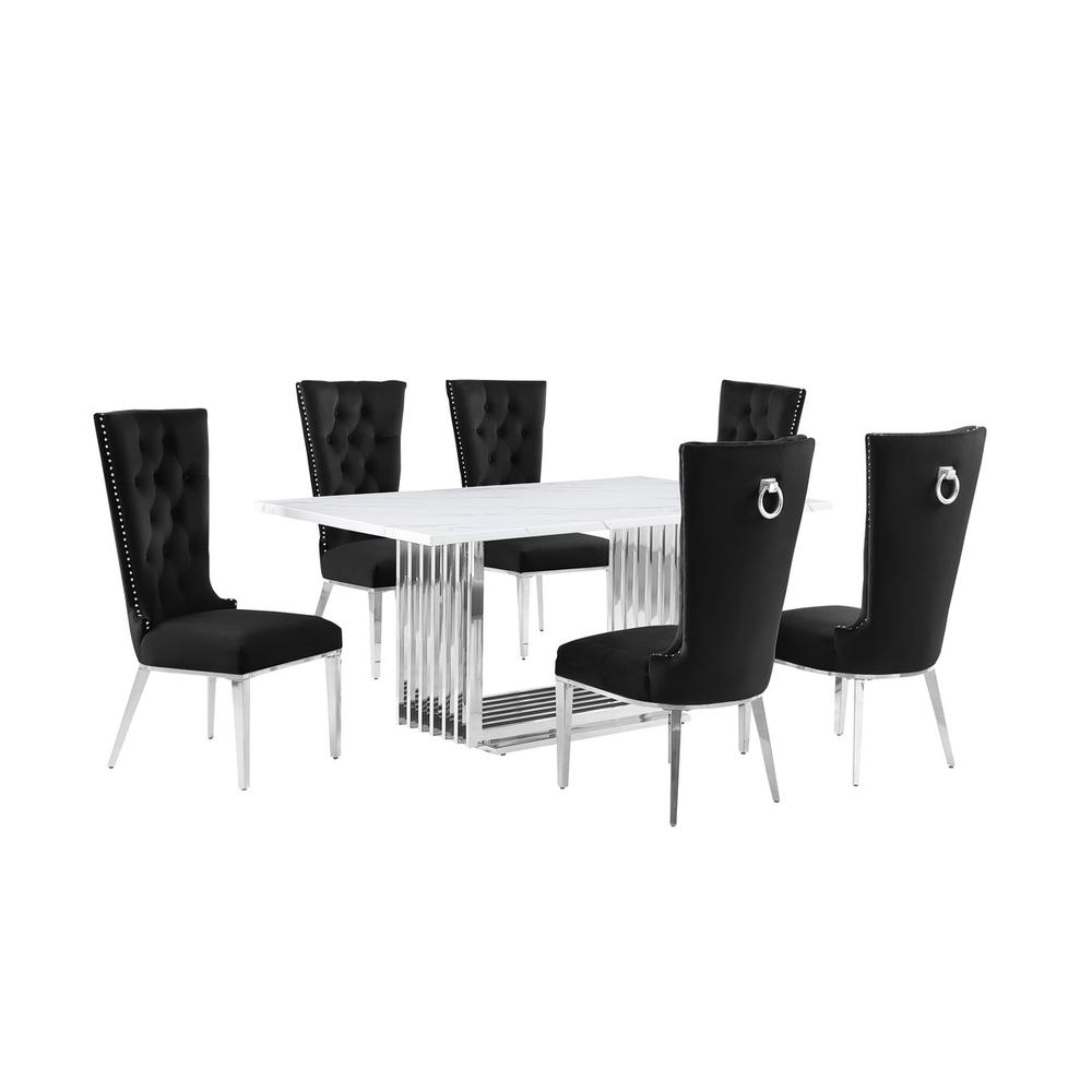 7pc Small(68″) marble top dining set with silver base and 6 Black side chairs