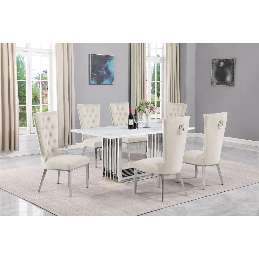 7pc Small(68″) marble top dining set with silver base and 6 Cream side chairs