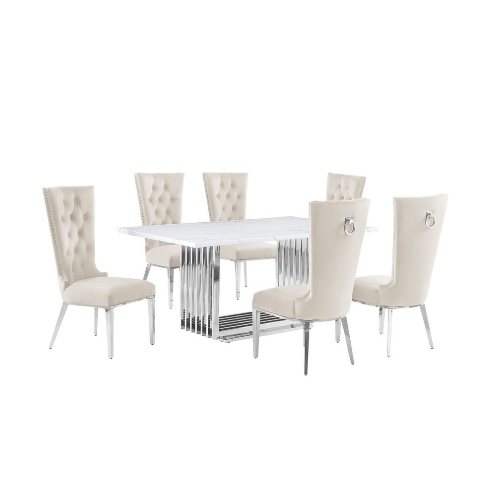 7pc Small(68″) marble top dining set with silver base and 6 Cream side chairs