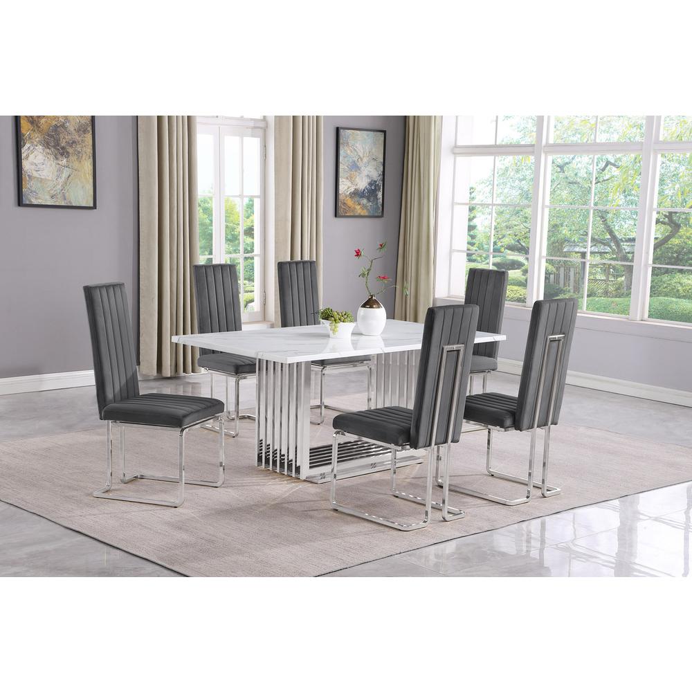 7pc Small(68″) marble top dining set with silver base and 6 Dark grey chairs