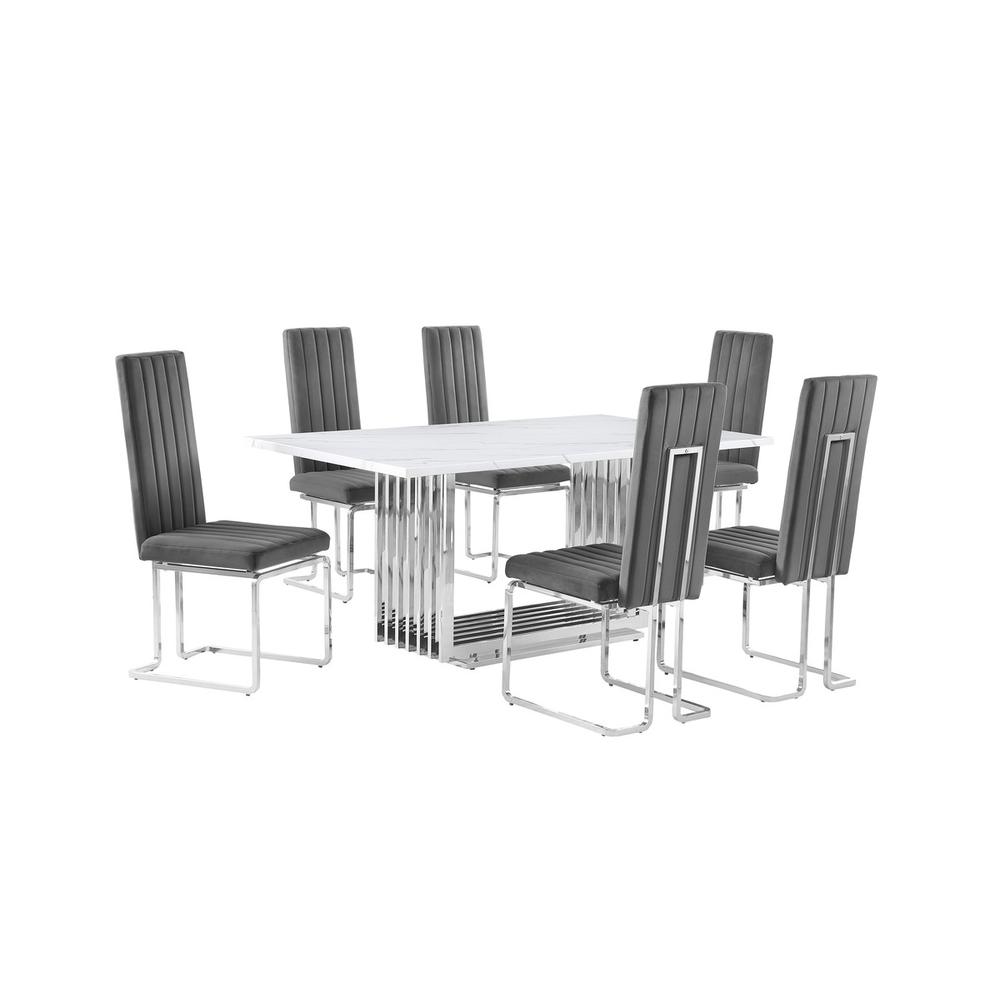 7pc Small(68″) marble top dining set with silver base and 6 Dark grey chairs