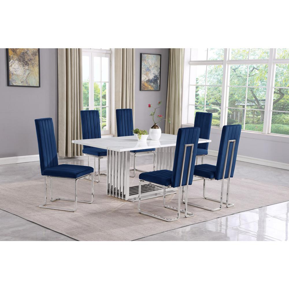7pc Small(68″) marble top dining set with silver base and 6 Navy Blue chairs