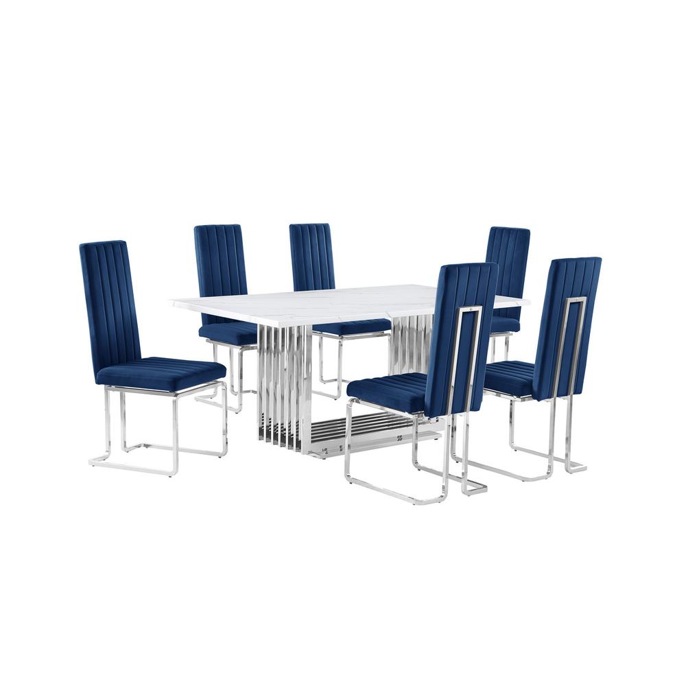 7pc Small(68″) marble top dining set with silver base and 6 Navy Blue chairs