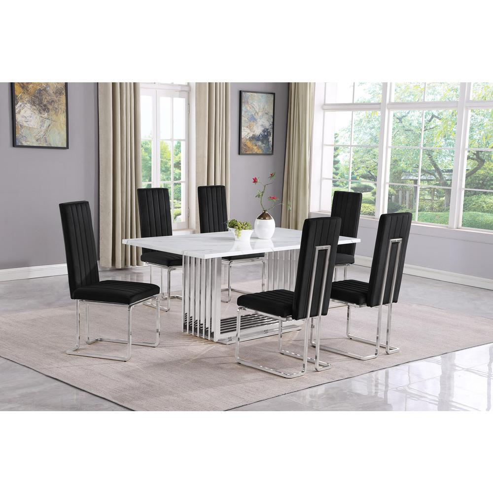 7pc Small(68″) marble top dining set with silver base and 6 Black side chairs