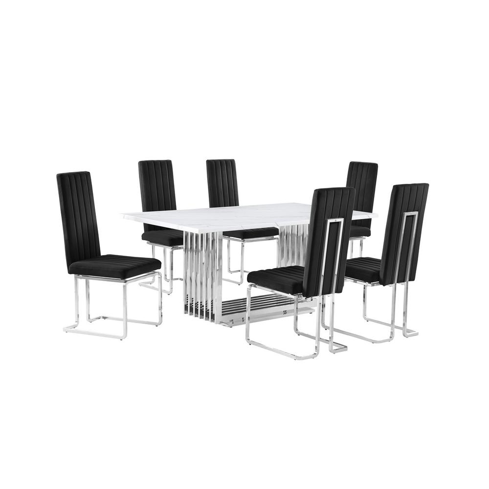 7pc Small(68″) marble top dining set with silver base and 6 Black side chairs