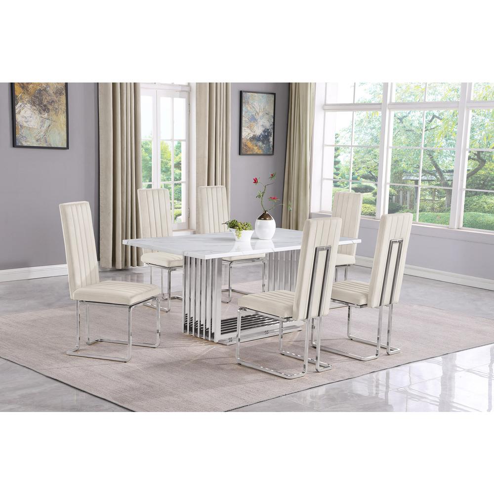 7pc Small(68″) marble top dining set with silver base and 6 Cream side chairs