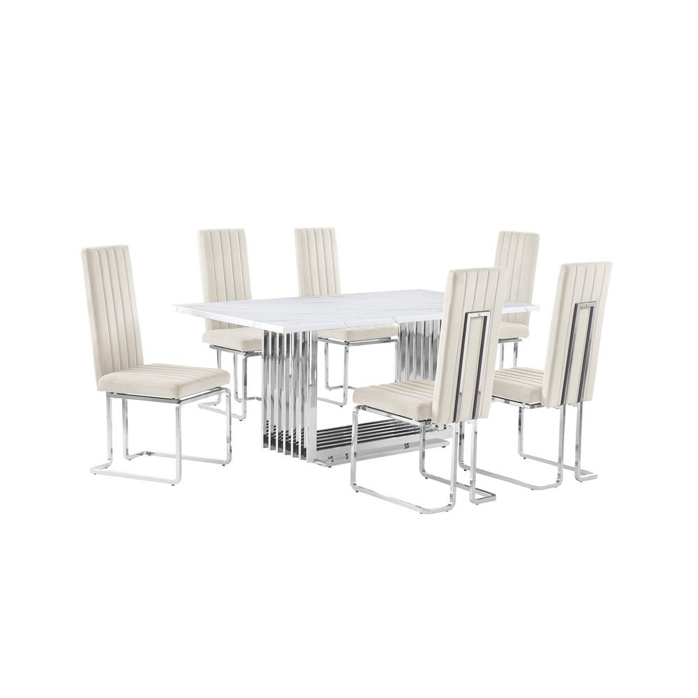 7pc Small(68″) marble top dining set with silver base and 6 Cream side chairs
