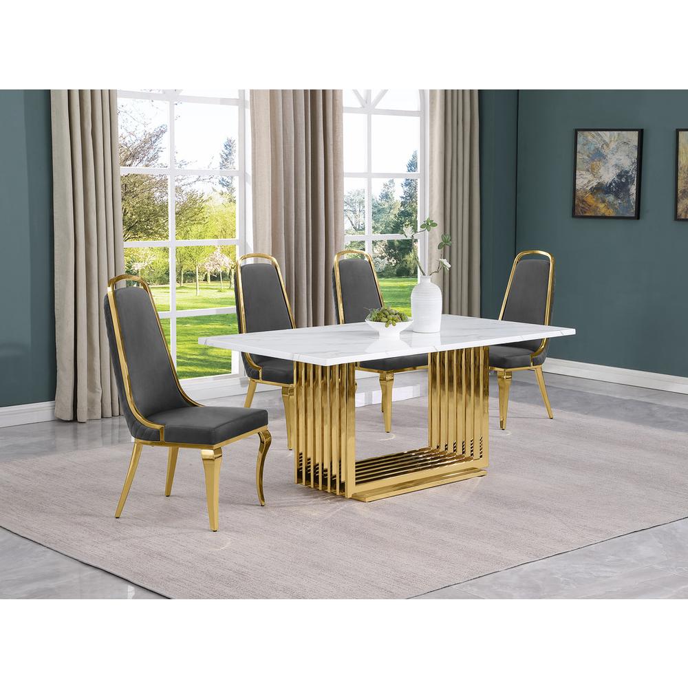 5pc Small(68″) marble top dining set with gold base and 4 Dark grey side chairs